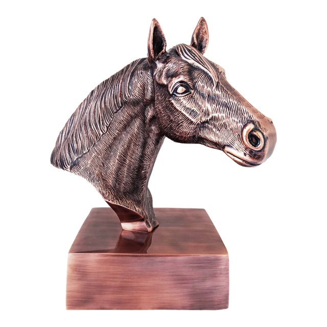 Antique Copper Finish Metal Hand Carved Horse Head Bust Sculptures For Sale