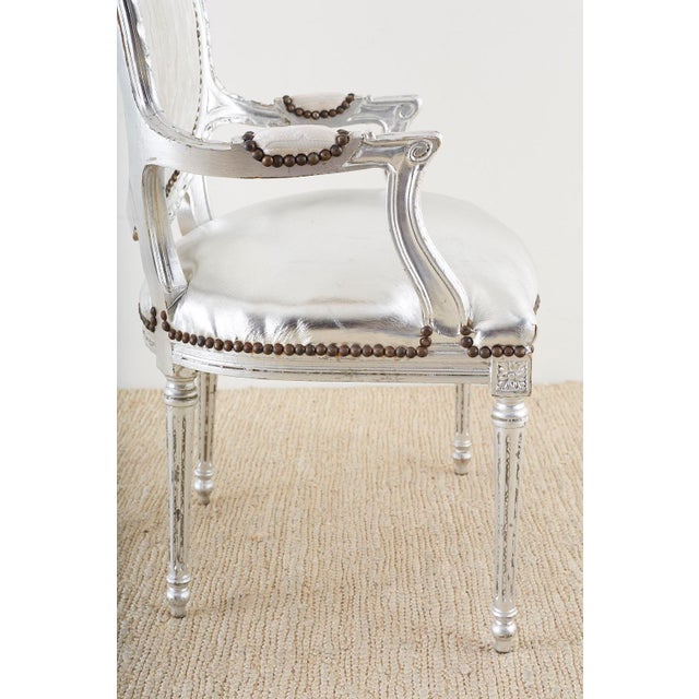 Early 20th Century French Louis XVI Style Silver Leaf Metallic Armchairs - a Pair For Sale - Image 5 of 12