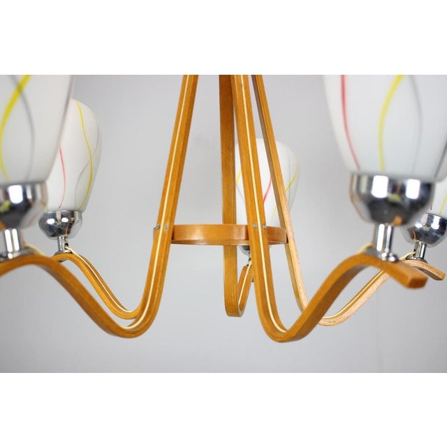 Wood Mid-Century Wooden Chandelier with Glass Shades, Czechoslovakia, 1970s For Sale - Image 7 of 14