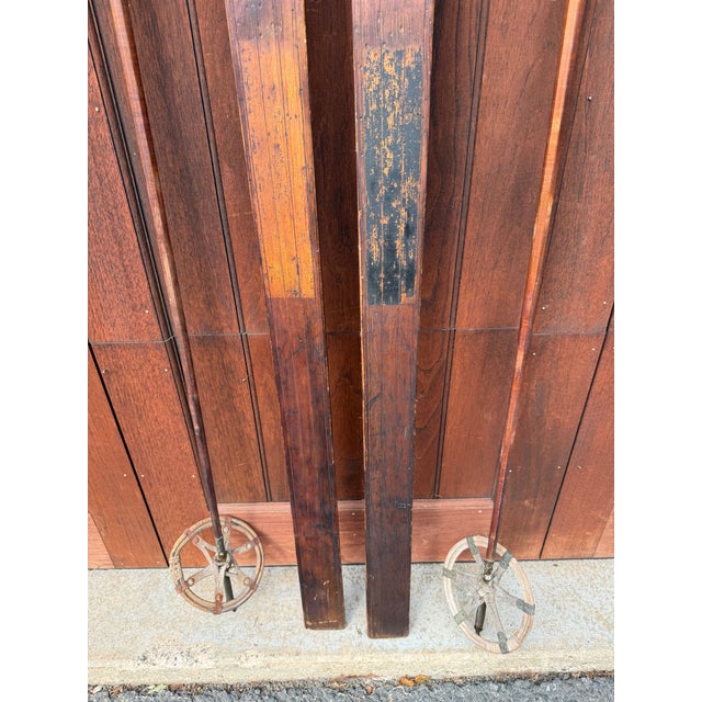 Antique Wooden Skis With Original Bamboo Ski Poles – Early 20th Century Nordic Ski Set – Rustic Ski Lodge & Cabin Wall Decor For Sale - Image 13 of 18