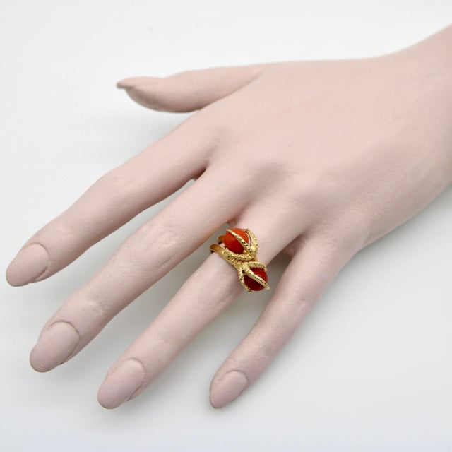 Gold Vintage 18k Gold Sardinian Red Coral Bead and Claw Ring Size 7 For Sale - Image 8 of 8