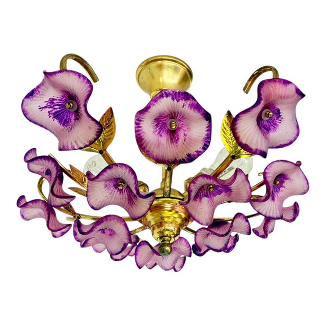 Vintage Hand-Painted Purple Glass Floral Flush Mount Chandelier For Sale - Image 6 of 17