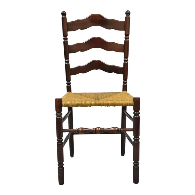 Early 20th Century Antique American Primitive Cherry Wood Woven Rush Seat Ladder Back Side Chair For Sale