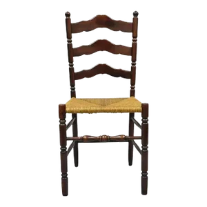 Early 20th Century Antique American Primitive Cherry Wood Woven Rush Seat Ladder Back Side Chair