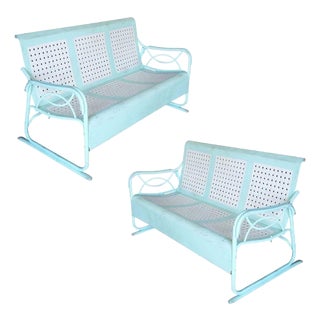 Mid-Century Woodard Style 3 Seat Steel Garden Sofa Bench W/ Woven Pattern, Pair For Sale