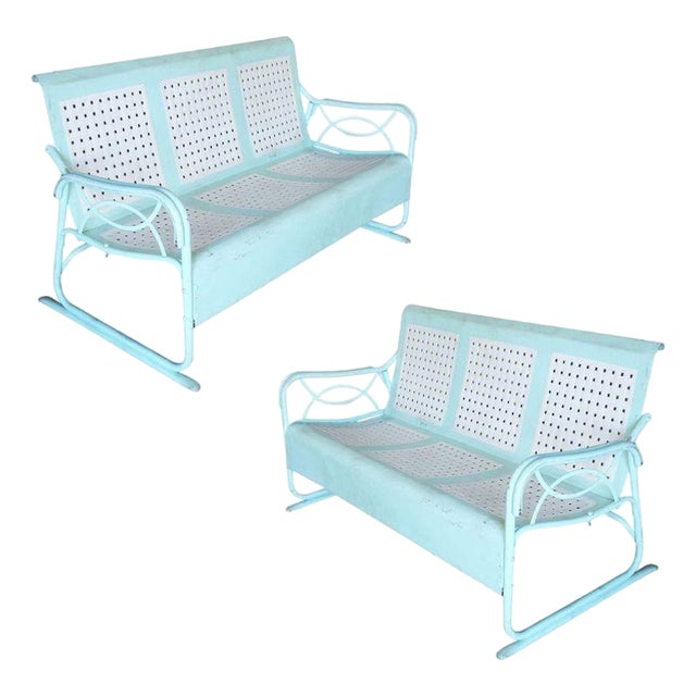 Mid-Century Woodard Style 3 Seat Steel Garden Sofa Bench W/ Woven Pattern, Pair For Sale