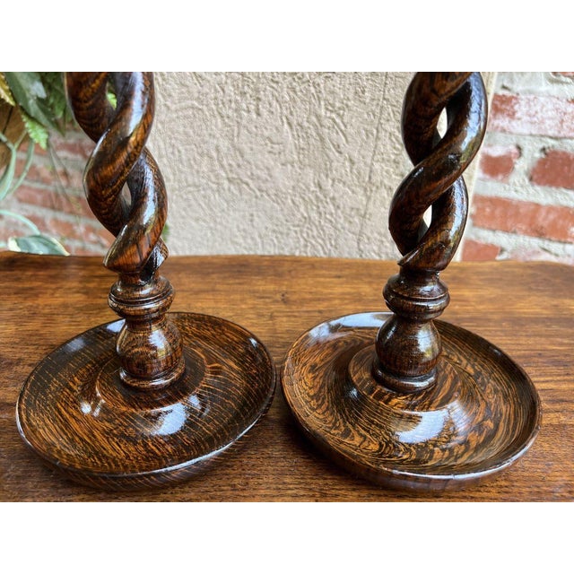 Antique English Oak & Brass Open Barley Twist Candlestick Holders a