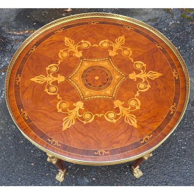 Mid 20th Century French Empire Style Mahogany Marquetry and Ormolu Mount Galleried Coffee Table For Sale - Image 4 of 11