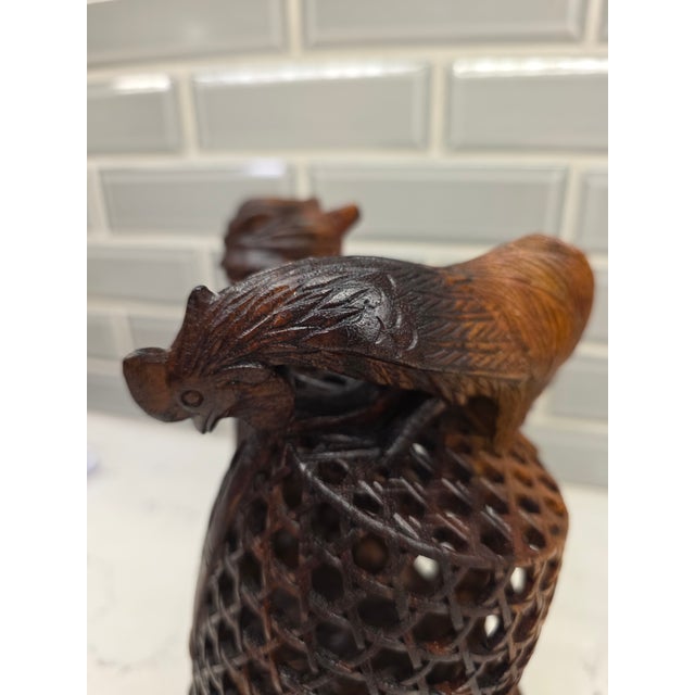 Large 8.5" Mid-Century Balinese Teak Cockfighter With Tripple-Rooster Openwork Cage Masterwork For Sale - Image 11 of 12