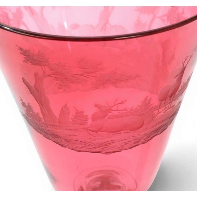 Italian Antique Austrian Cranberry Glass Engraved Glass Toasting Goblet For Sale - Image 3 of 3