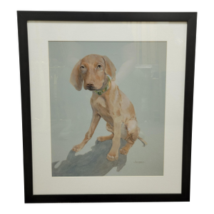 Framed Vizsla Pointer Puppy Dog Pastel Drawing by Pam Baldwin