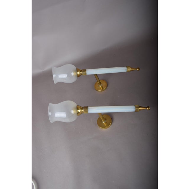 French Blue Opaline Glass and Brass Torch Wall Sconces with Glass Shades, 1950s, Set of 2 For Sale - Image 14 of 15