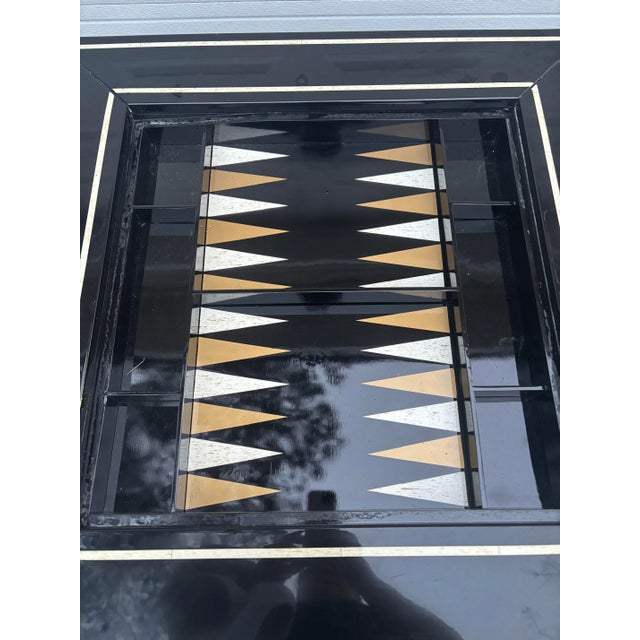 Mid to Late Twentieth Century Deep Black Lacquered 36” Parsons Style Game Table With Chess / Checkers and Backgammon Removable Top For Sale - Image 6 of 9