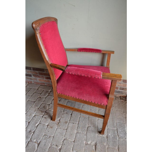 Art Deco Oak Armchair with Red Velvet For Sale - Image 3 of 7