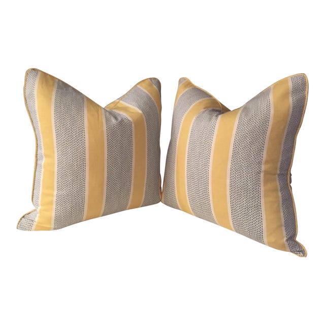 Lemon Stripe W/ Pattern by Duralee- Pillows - a Pair For Sale