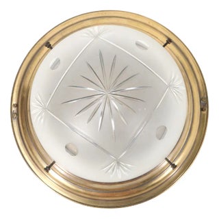 Art Nouveau Patinated Brass Cut Blown Glass Flush Mount Ceiling Light, 1900s For Sale