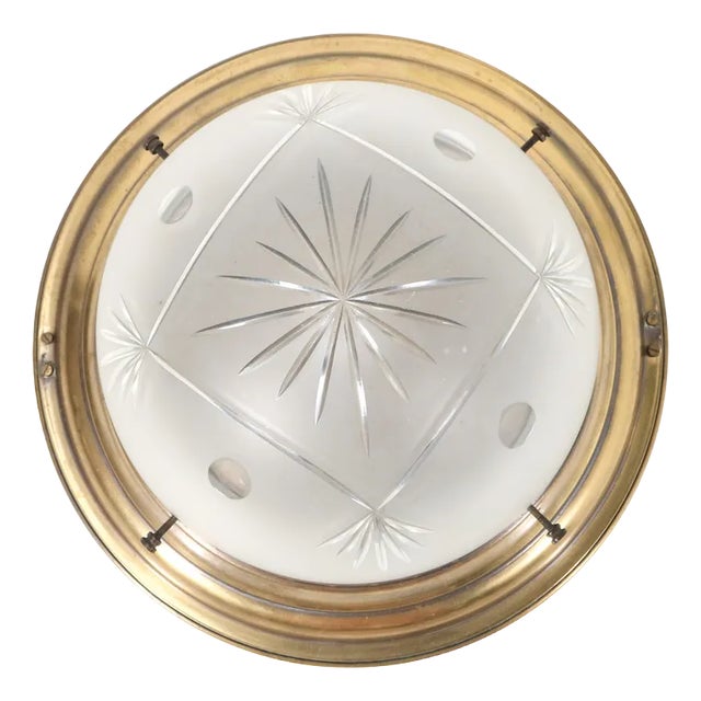 Art Nouveau Patinated Brass Cut Blown Glass Flush Mount Ceiling Light, 1900s For Sale