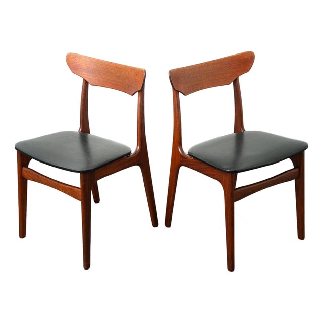 1960s Mid Century Danish Modern Dining Chairs Black Leather Set 2 Pair Teak Elgaard Nm For Sale