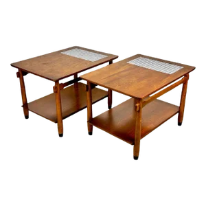 Mid-Century Lane Monte Carlo Walnut & Tile Inlay End Tables - a Pair