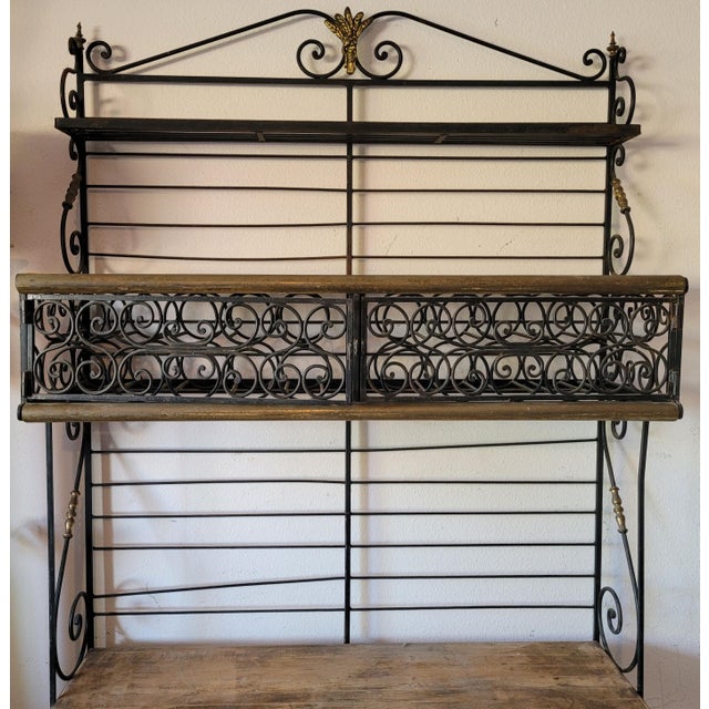 Early 20th Century Wrought Iron Baker’s Rack With Butcher Block Shelf & Wine Rack. By French Perfit Fils Ltd. For Sale - Image 10 of 18