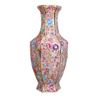Exquisite Chinese "Millefleur" Hexagonal Porcelain Vase With Gilt Accents For Sale