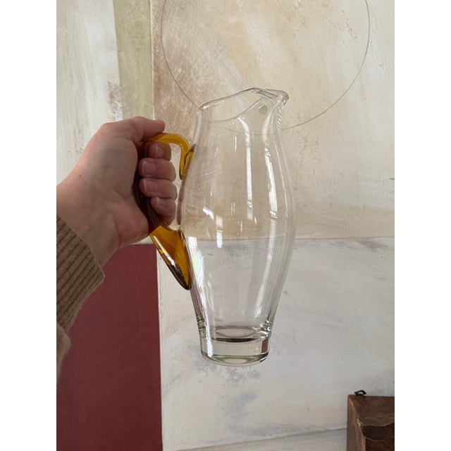 Glass Vintage Amber Glass Pitcher and Six Glasses Set Hand Blown Poland Mid Century Barware For Sale - Image 7 of 12