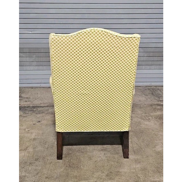 Mid 20th Century Mid 20th Century Queen Anne Style Mahogany Wing Chair Yellow Check Fabric Slipcover Made in Virginia For Sale - Image 5 of 8