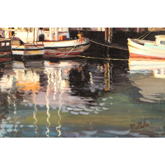 Wood Painting by Filastro Mottola (1915-2008) of Boats in Noyo Bay For Sale - Image 7 of 12