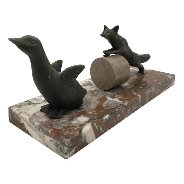 French Art Deco Spelter on Marble Sculpture of Fox Hunting Goose in the style of Irénée Rochard, 1920s For Sale