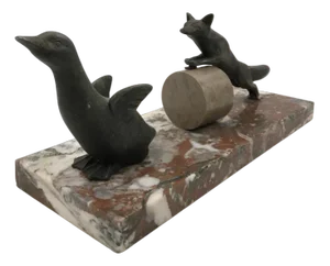 French Art Deco Spelter on Marble Sculpture of Fox Hunting Goose in the style of Irénée Rochard, 1920s