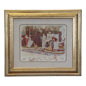 Antique Wool Needlepoint Embroidered European Nobles Scene Printed on Silk