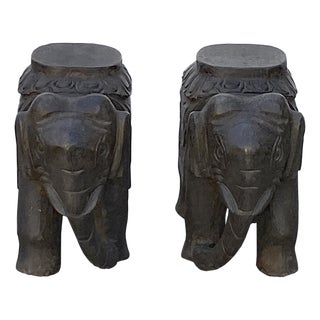 Chinese Small Pair Distressed Black Gray Stone Fengshui Elephant Statues For Sale
