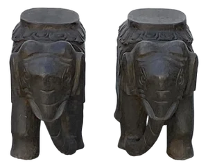 Chinese Small Pair Distressed Black Gray Stone Fengshui Elephant Statues
