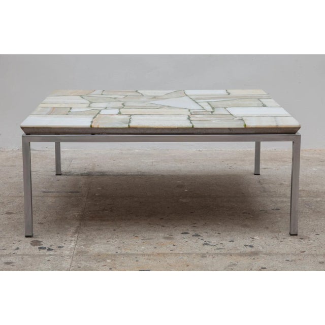 Marble and chrome 1960s coffee, end table featuring a mosaic of light-colored marble in green-tinted resin. Modern and...