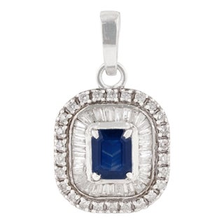 Radiant Emerald-Cut Deep Blue Sapphire & Diamond Halo Pendant in 14k Gold For Sale
