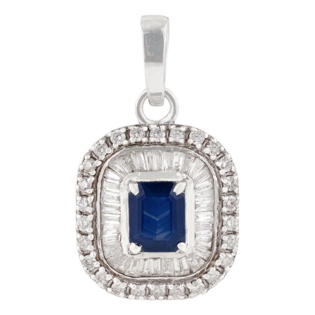Radiant Emerald-Cut Deep Blue Sapphire & Diamond Halo Pendant in 14k Gold For Sale