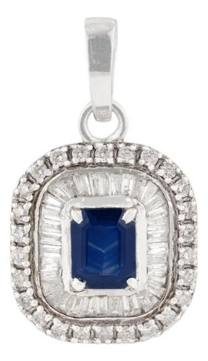 Radiant Emerald-Cut Deep Blue Sapphire & Diamond Halo Pendant in 14k Gold