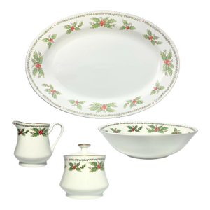1990s 4-Piece Christmas “Holly” Porcelain Dinnerware Serving Hostess Set from Centurion Collection