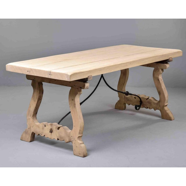 Italian Bleached Oak Trestle Table With Wrought Iron Stretcher For Sale - Image 9 of 12