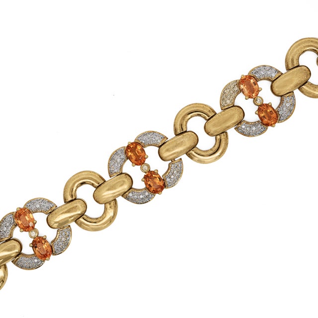 Contemporary 12.75 Carat Oval Spessartine Garnet & Diamond 18k Gold Wide Oval Link Bracelet For Sale - Image 3 of 6
