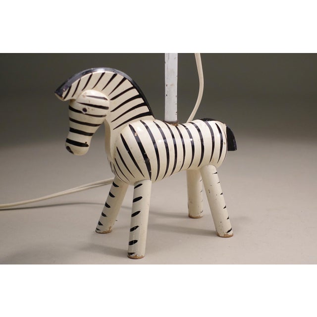 Mid-Century Modern 1950s Rare Matched Pair Kay Bojesen Denmark Hand Painted Danish Modern Wood Zebra Table Lamps Monkey For Sale - Image 3 of 9