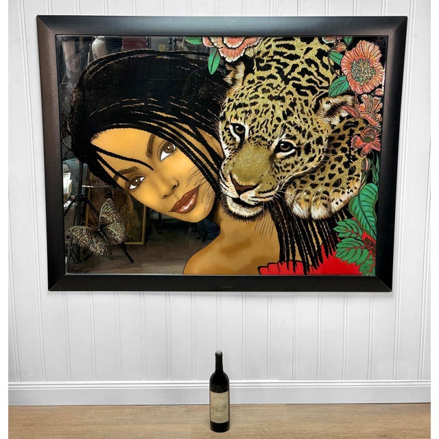 Art Deco Vintage 53" Ethnic Women & Jaguar Painted Mirrored Wall Art For Sale - Image 3 of 10