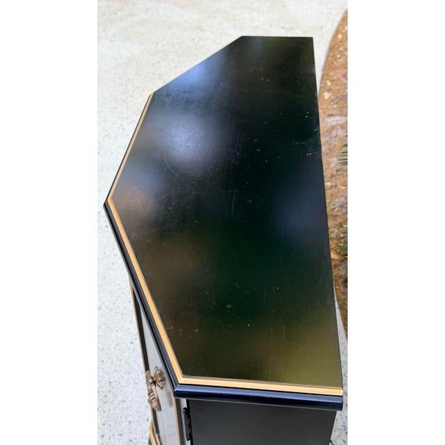 Wood Black Lacquered Chinoiserie Handpainted Demi Lune Cabinet For Sale - Image 7 of 12