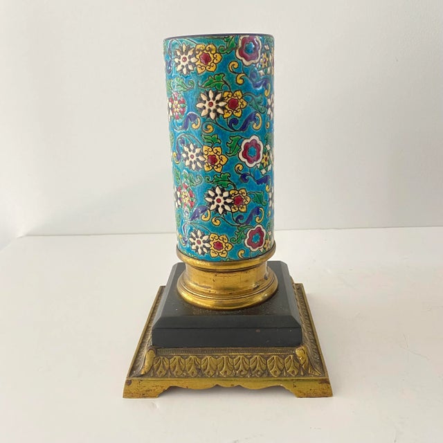 Blue Antique French Longwy Enameled Floral Oil Lamp Base, Late 19th Century For Sale - Image 8 of 9