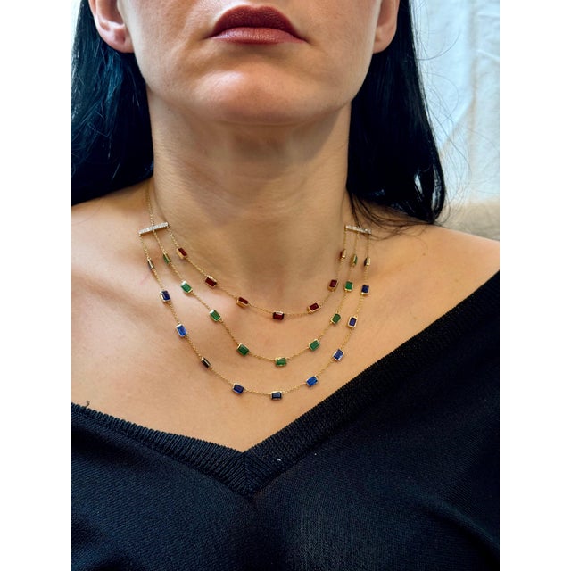 Three Layer Necklace With Emerald , Ruby & Kyanite with Diamond Bar, 14 KYG 15Gm For Sale - Image 12 of 18