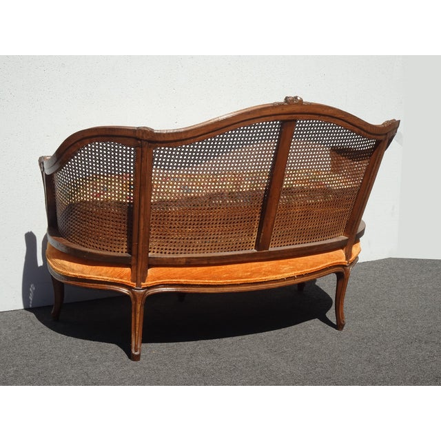 Antique French Louis XV Style Cane Settee Loveseat W Down & Orange Floral Fabric For Sale - Image 16 of 17