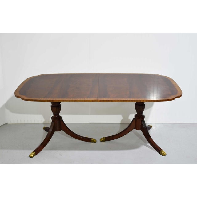 Mid Century Flame Mahogany Banded Dining Table With Extensions 116in For Sale - Image 9 of 12