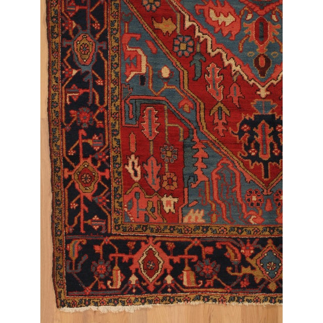 Antique Persian Serapi Carpet Handmade Wool Oriental Rug, Red, Ivory, Light Blue For Sale - Image 10 of 12