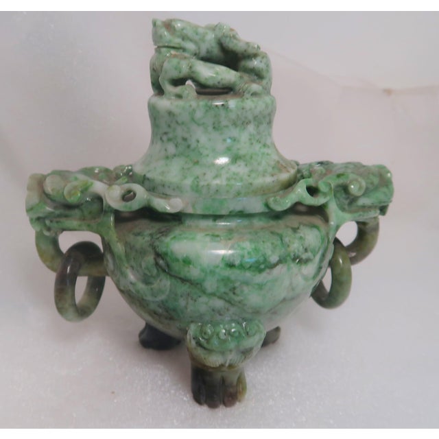 Vintage Chinese Jade Incense Burner, Covered, With Tripod Feet, Foo Dog Finial and Dragon Head Loose Ring Handles For Sale - Image 16 of 16