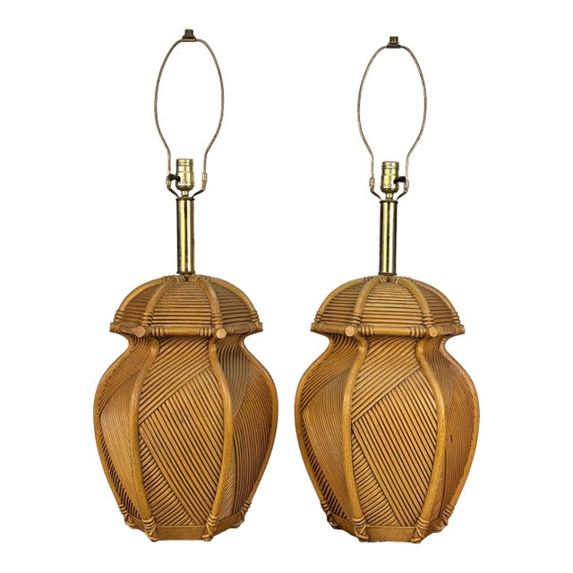 Vintage Coastal Chinoiserie Faux Rattan Pagoda Table Lamps - A Pair For Sale